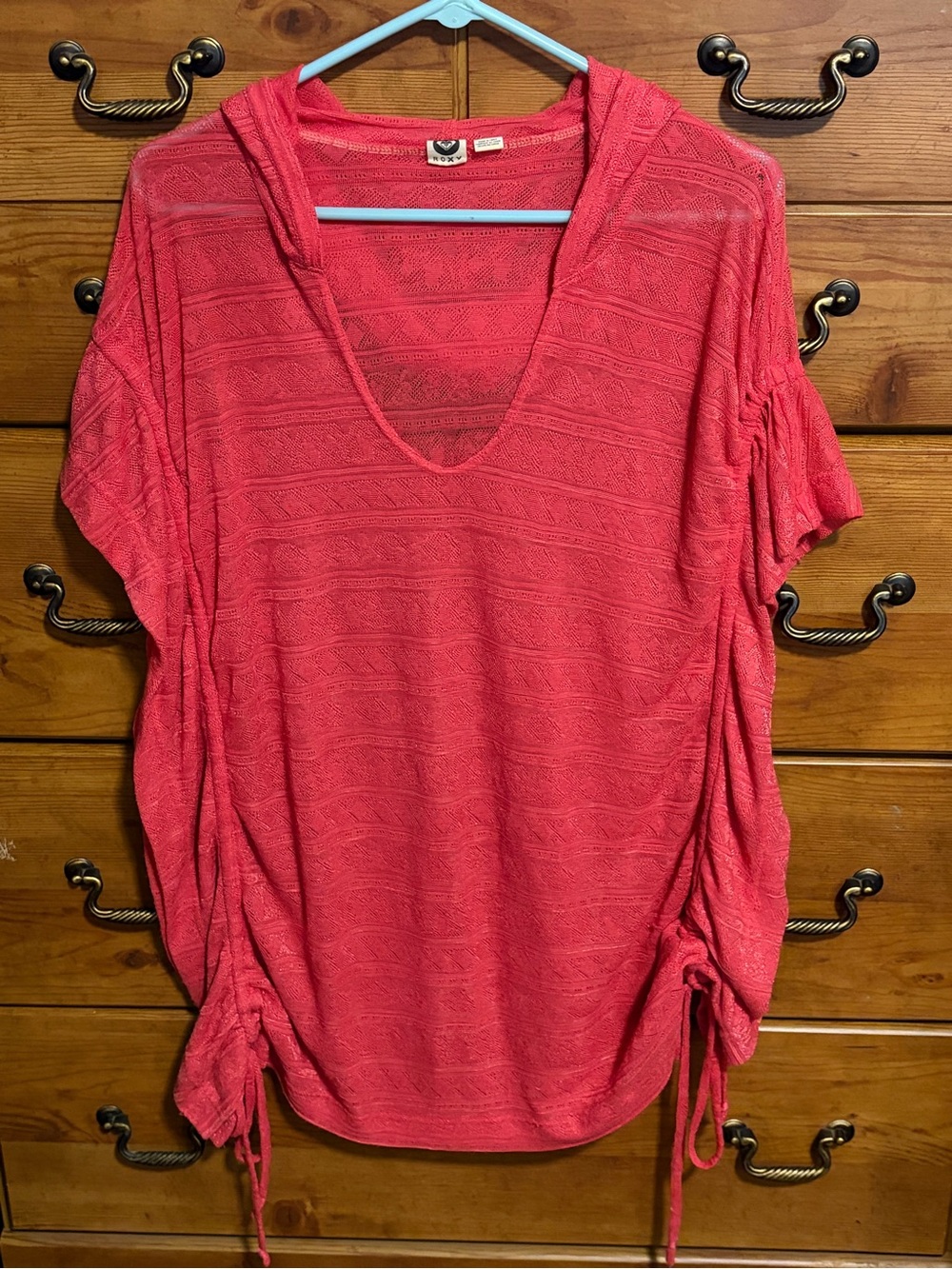 Roxy Pink Textured V-Neck Hooded Tunic with Side Drawstrings